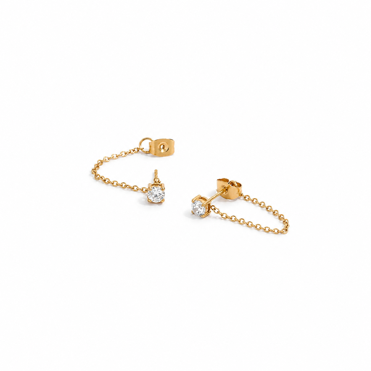 Gold chain earring with embedded diamonds on a white background