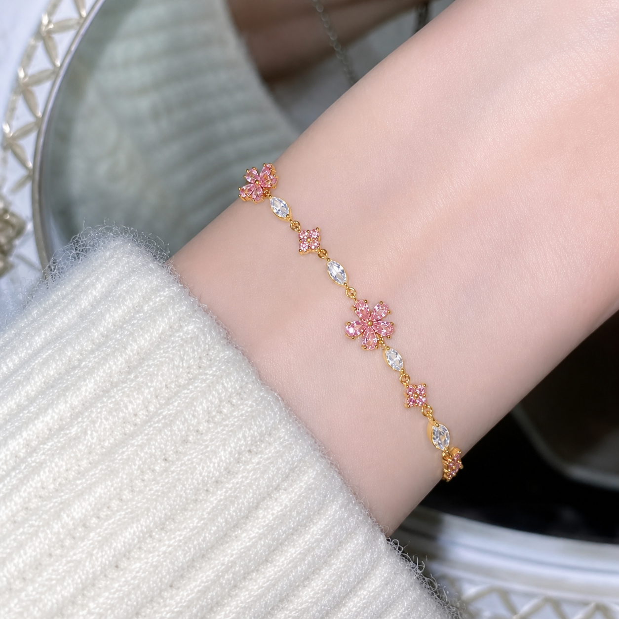 Gold Plated Pink Flower Crystal Bracelet