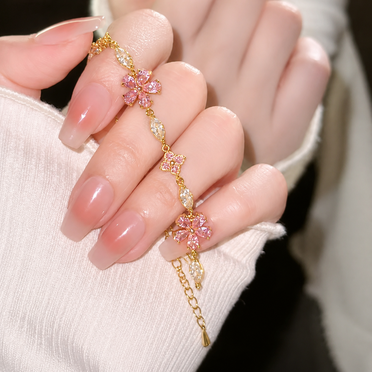 Gold Plated Pink Flower Crystal Bracelet