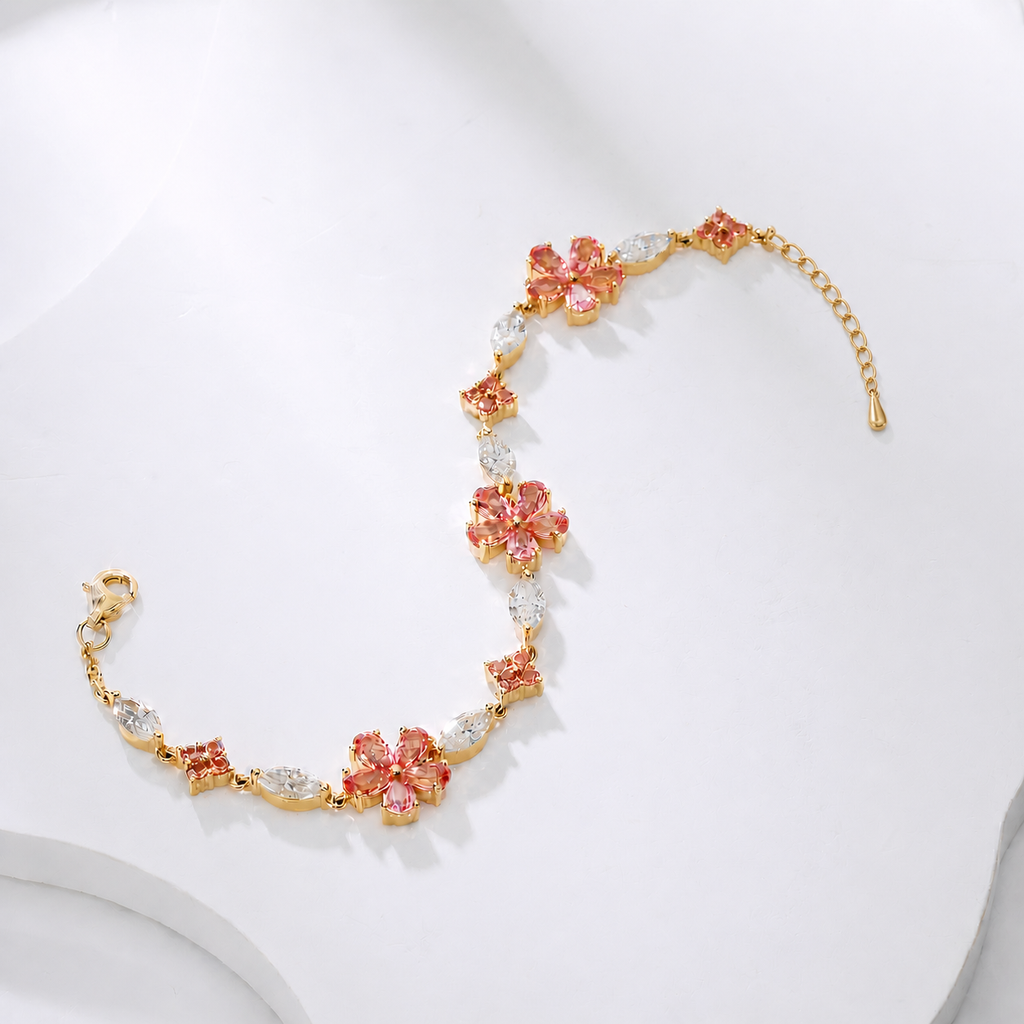 Gold Plated Pink Flower Crystal Bracelet