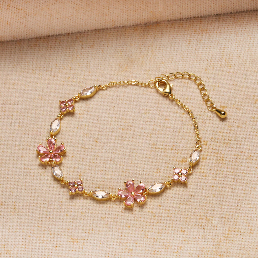 Gold Plated Pink Flower Crystal Bracelet