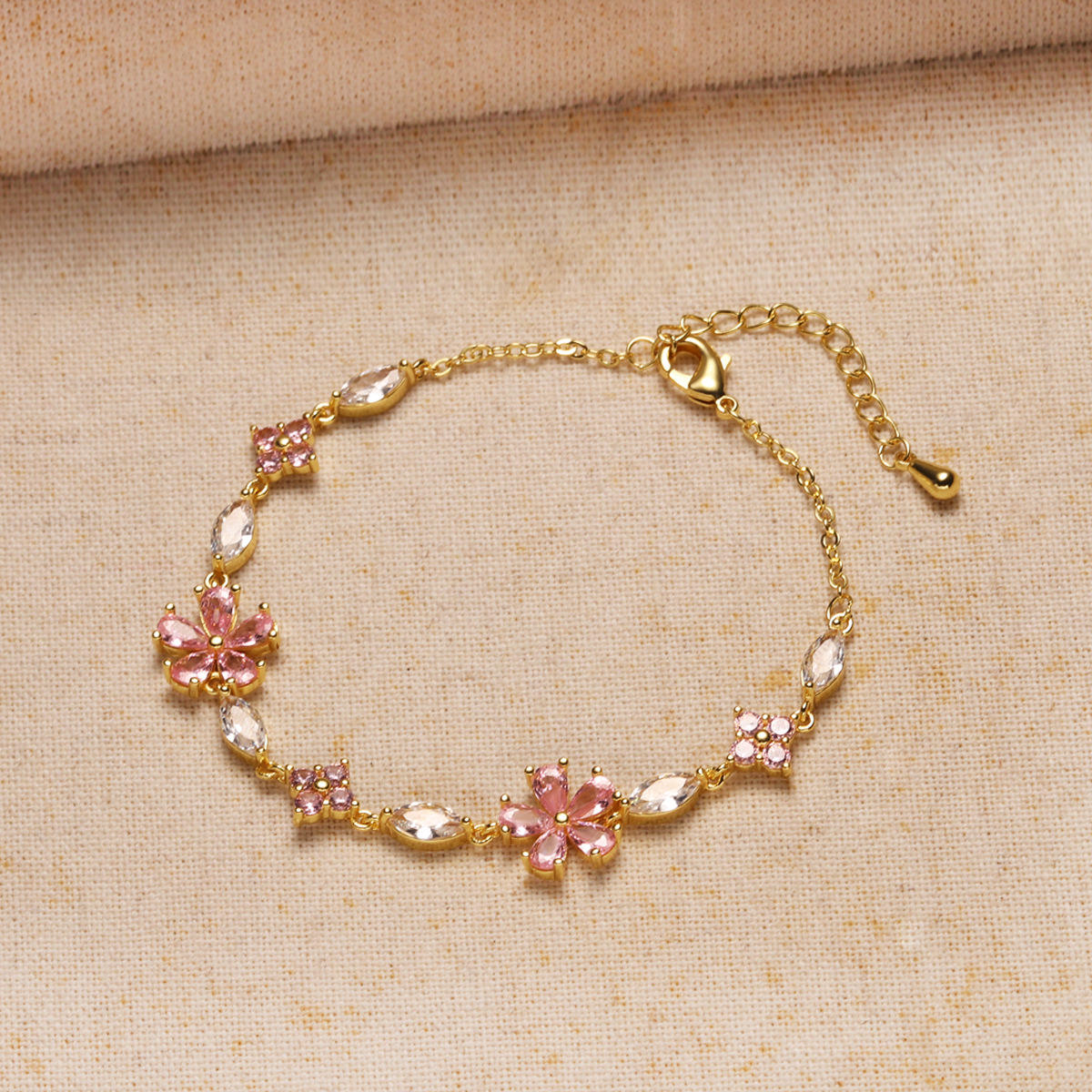 Gold Plated Pink Flower Crystal Bracelet